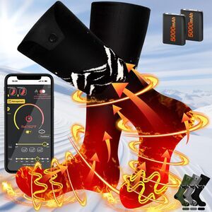 SNOW LEOPARD Rechargeable Heated Socks w App Control Batteries Black Large